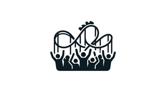 Minimalist black and white icon featuring a roller coaster track above a cheering crowd.