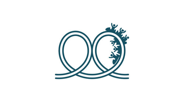 Minimalist logo design featuring a stylized roller coaster track with happy passengers.