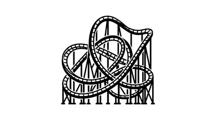 A detailed black and white line art illustration of a complex roller coaster ride. © Parvez_Nasiruddin