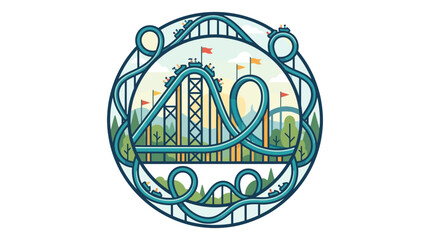 Stylized circular illustration of a vibrant roller coaster ride in an amusement park. © Parvez_Nasiruddin