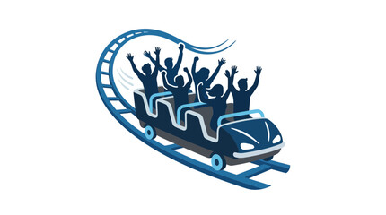 A blue roller coaster car filled with excited people riding on a curved track. © Parvez_Nasiruddin