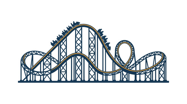 A detailed illustration of a steel roller coaster with a loop and train cars.