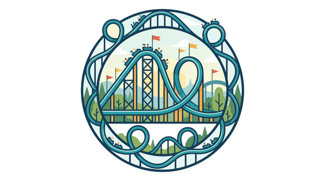 Stylized circular illustration of a vibrant roller coaster ride in an amusement park.