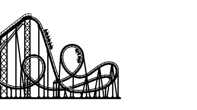 A detailed black and white line art illustration of a roller coaster ride.
