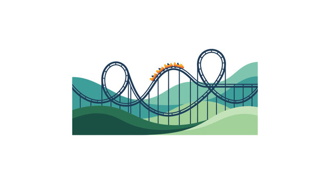 A stylized illustration of a roller coaster with two loops and a train car.