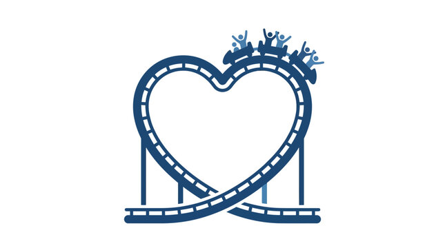 A blue line art illustration of a roller coaster track shaped like a heart.