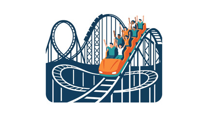 Group of excited people riding a colorful roller coaster. © Parvez_Nasiruddin
