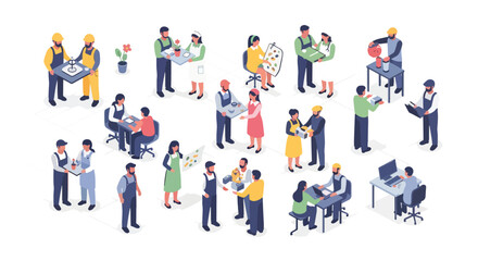 Fototapeta premium Illustrated diverse team collaborating in various professional office settings