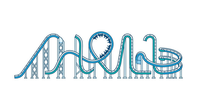 A detailed illustration of a blue roller coaster track with a loop and support structures.