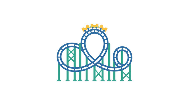 A colorful cartoon illustration of a roller coaster ride with a train on the tracks.