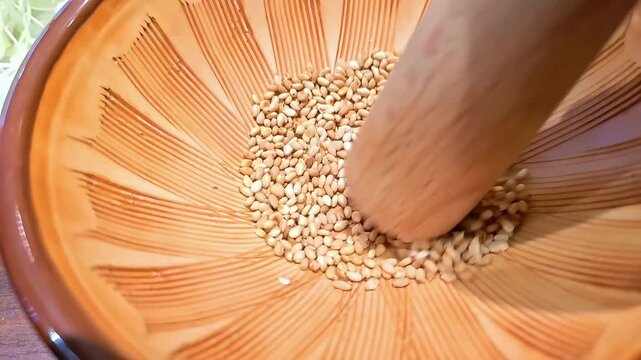 Grinding roasted sesame seeds with pestle and mortar, Japanese Korean Cooking Ingredient, Aromatic Spice, Grain Agriculture, Slow Motion