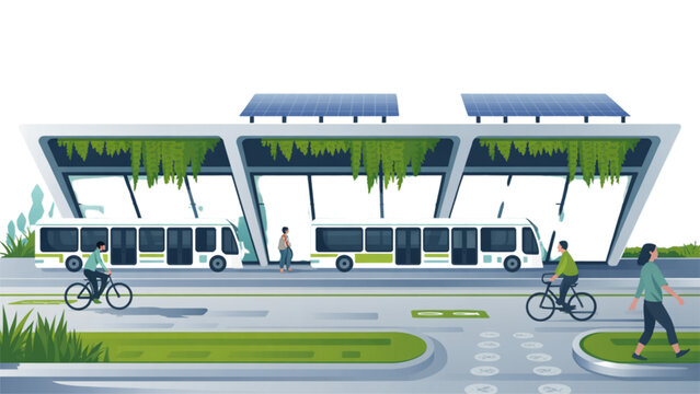 Modern bus terminal with covered platforms and green roof Vector