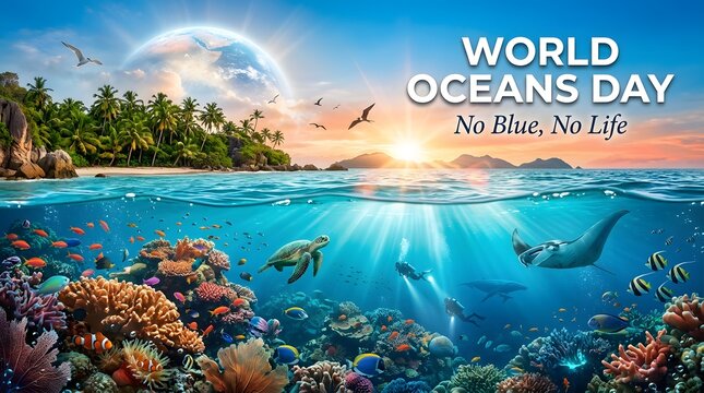 world oceans day poster with vibrant coral reef and marine life turtle manta ray fish underwater ocean conservation