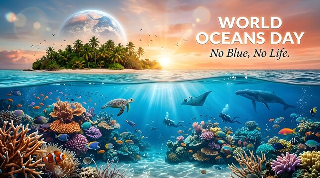 world oceans day tropical scene with coral reef and marine life sea turtle whale manta ray underwater ocean