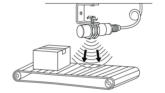 Industrial ultrasonic sensor detecting package on conveyor belt technical vector diagram.