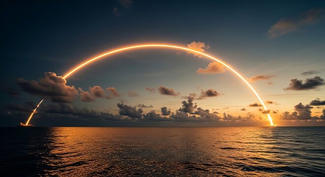 A bright glowing rocket launch creates a brilliant golden arc of fire against the dark dramatic twilight evening atmosphere