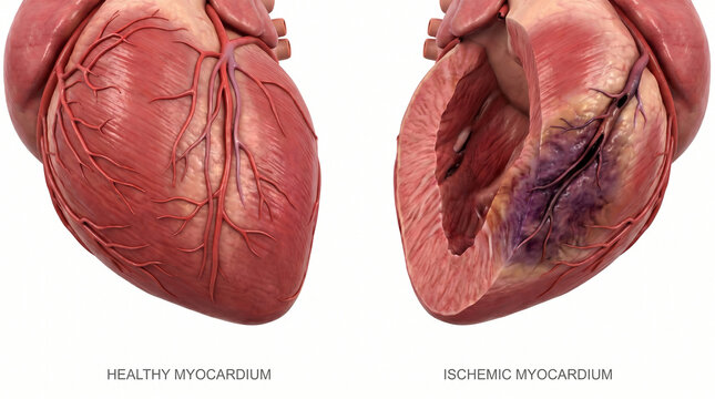 Ischemic Myocardium vs Healthy Heart Cross Section 3D Illustration
