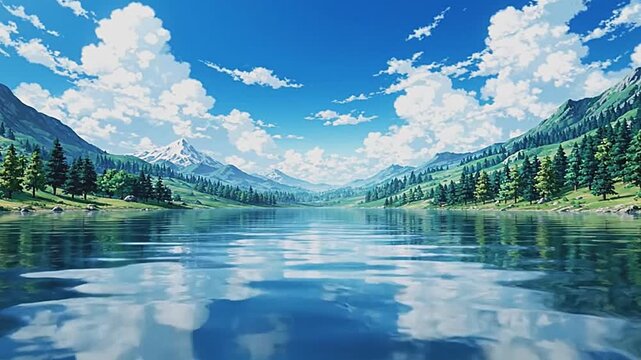 Serene lake mirrors sky and mountains