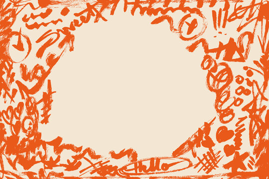 Orange grunge brush stroke doodle frame background. Abstract hand drawn chalk scribble border with hearts, stars and words