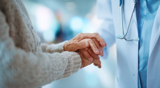 a doctor reassures a patient with a comforting handshake in hospital close up detail view natural li