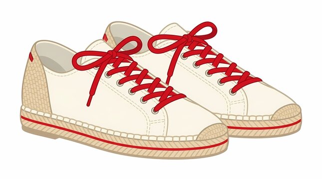 Vibrant vector illustration showcases white espadrille sneakers, red laces prominent, iconic footwear reflecting spanish cultural san fermin festival spirit.