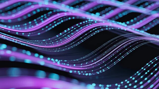 Glowing Blue and Purple Digital Waves with Light Particles Keywords: abstract, background, wave, line, curve, particle, dot, light, glow, bokeh, purple, blue, teal, digital art, 3D, render