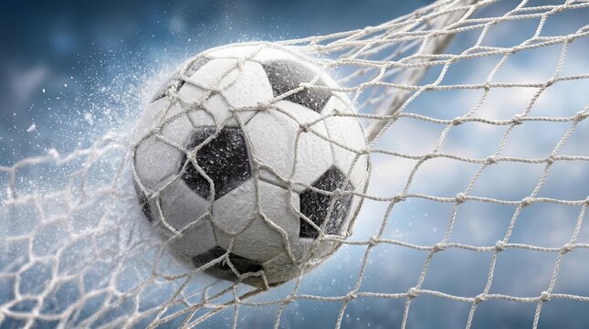 Soccer ball hitting the net with water splashes close up, goal moment concept