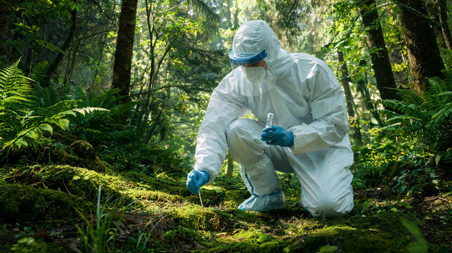 Professional public health worker wearing a full protective suit and goggles, standing in a sterile laboratory or clinical environment, representing frontline medical safety and pandemic response.