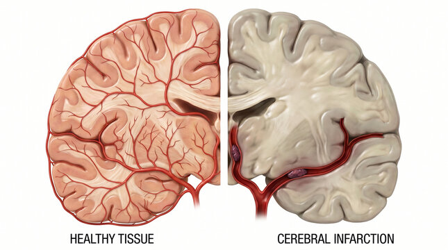Cerebral Infarction vs Healthy Brain Tissue 3D Stroke Medical Illustration
