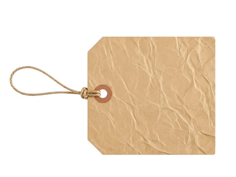 Brown paper luggage tag with twine string and natural texture on checkered background.
