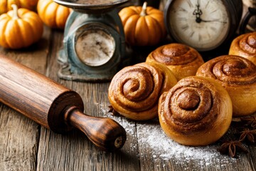 Fototapeta premium Freshly baked cinnamon rolls with pumpkins, a vintage scale, and an antique clock on a wooden table.