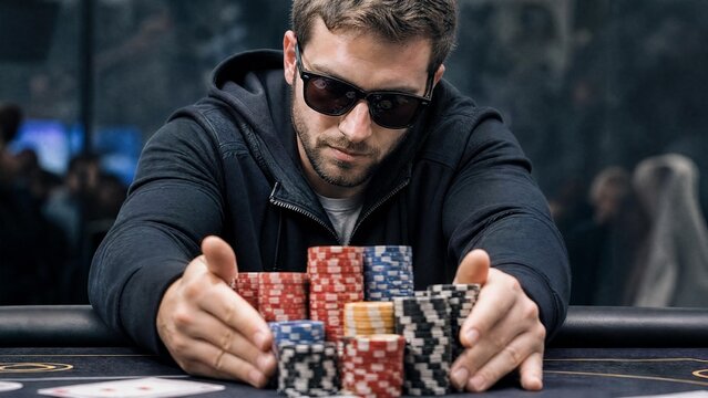Professional Poker Player with Sunglasses Going All-in with Chips Stack at Casino