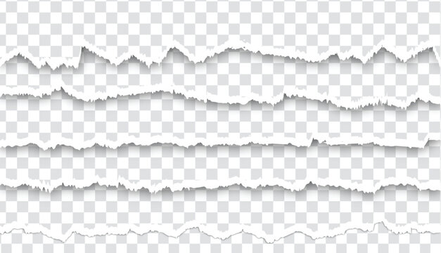 Ripped paper borders strips with rough torn edges. Piece of torn black Vertical paper with soft shadow stuck on white squared background.