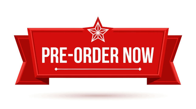 Vibrant red pre-order call to action ribbon graphic with star emblem, perfect for new product announcements and exclusive offers