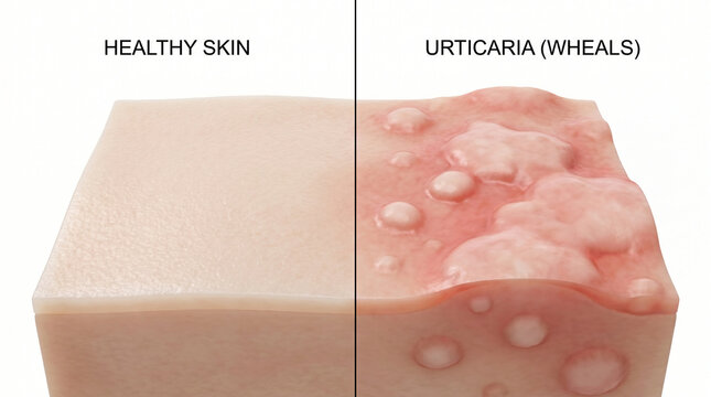 Healthy Skin vs Urticaria Wheals Allergic Reaction 3D Illustration