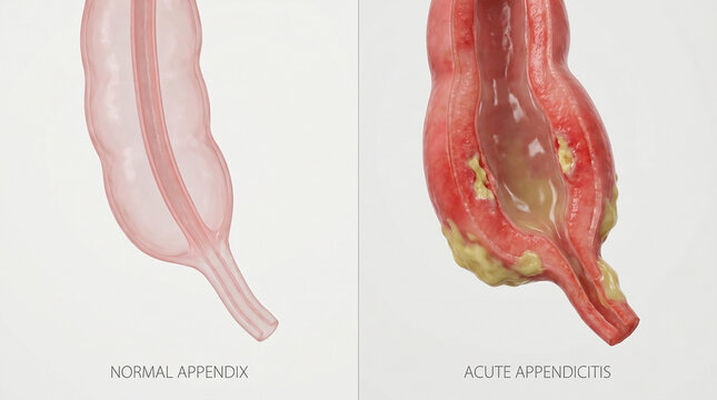 Normal Appendix vs Acute Appendicitis Medical 3D Illustration
