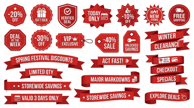 Red sale and discount badges and ribbons for marketing and advertising