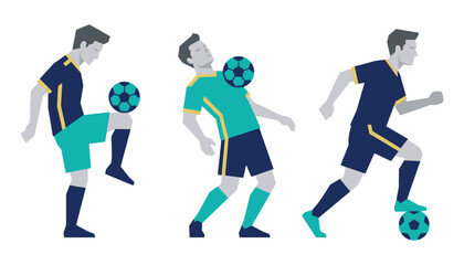 Fototapeta premium Football players training, practicing dribbling and ball control, dynamic action poses, minimalist flat design style, sports activity.