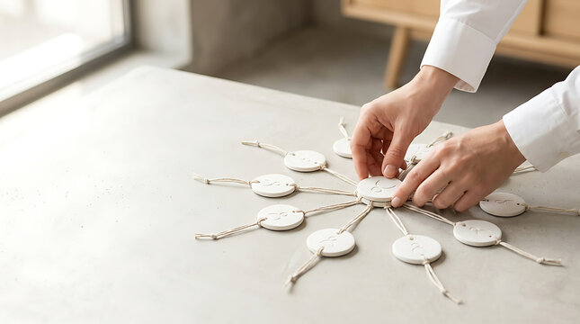 Hands arranging interconnected ceramic discs with cords on a white table in a well lit modern workspace illustrating network connection or communication concepts for creative