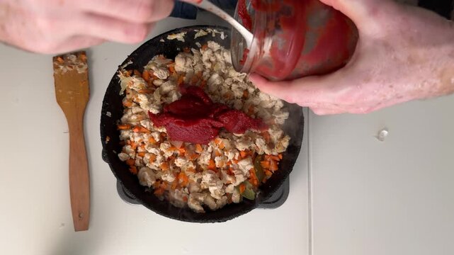 Top down view of hands adding tomato sauce to cooked ground meat in a skillet
