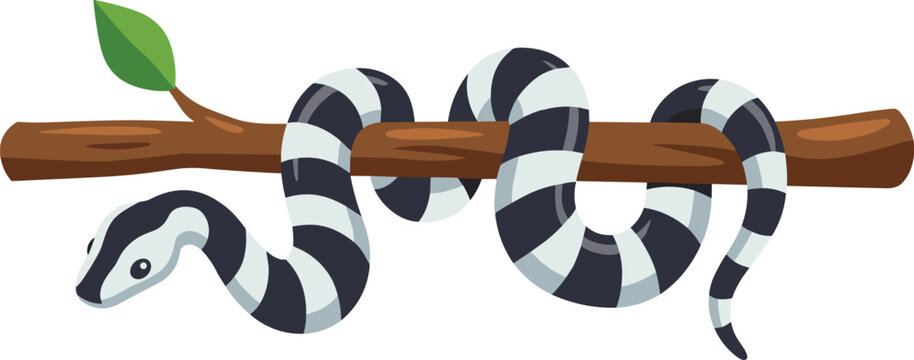 Cute black and white striped snake coiled around a brown tree branch vector illustration isolated on white
