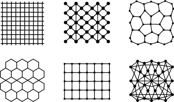 Collection of abstract geometric grid and network patterns featuring interconnected lines and nodes representing data flow and complex systems