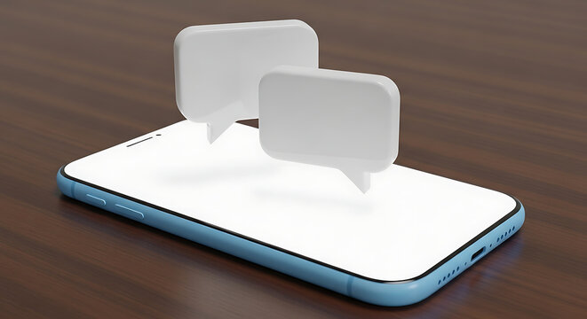 3D rendered image of a blue smartphone with two white speech bubbles floating above representing online messaging and communication speech bubble social media text message instant message