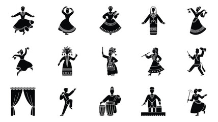 Obraz premium Set of 15 Black and White Traditional Folk Dance Silhouettes Vector Icons