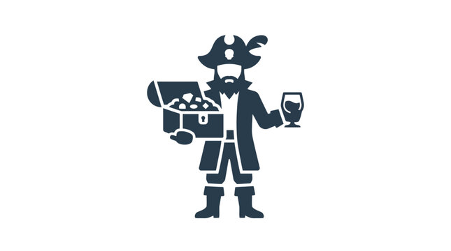 A stylized flat icon of a pirate holding a treasure chest and a glass of rum.