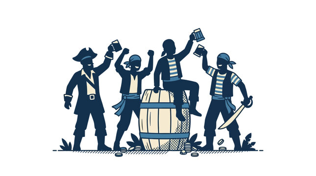 Group of four cartoon pirates celebrating with mugs of ale around a wooden barrel.