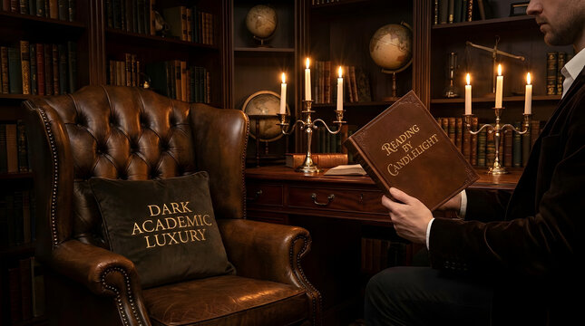 Man reading a book by candlelight in a cozy dark academia vintage library with leather armchair