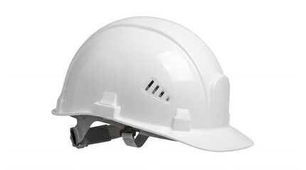 Fototapeta premium White hard hat for construction safety, industrial protective headwear on transparent background, professional engineer safety helmet with chin strap