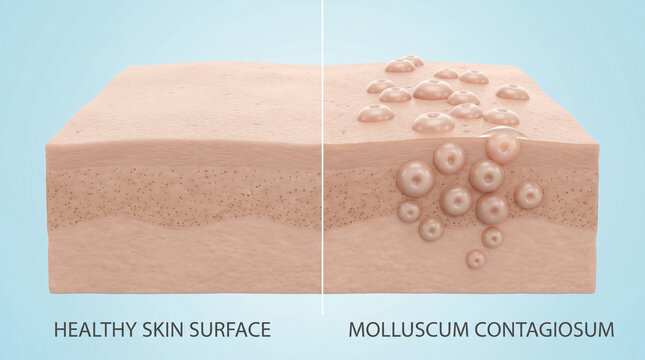 3D Medical Illustration Comparing Healthy Skin Surface to Molluscum Contagiosum Infection