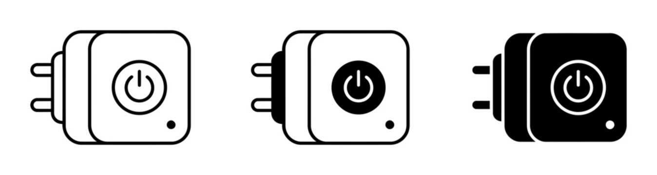 3 Power button plug silhouette icons, solid black style, electronics set